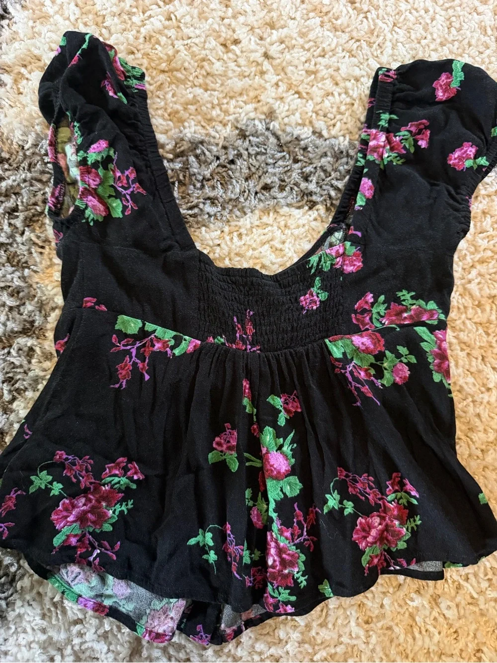 Free People Black Floral Button-Front Scoop Neck Top